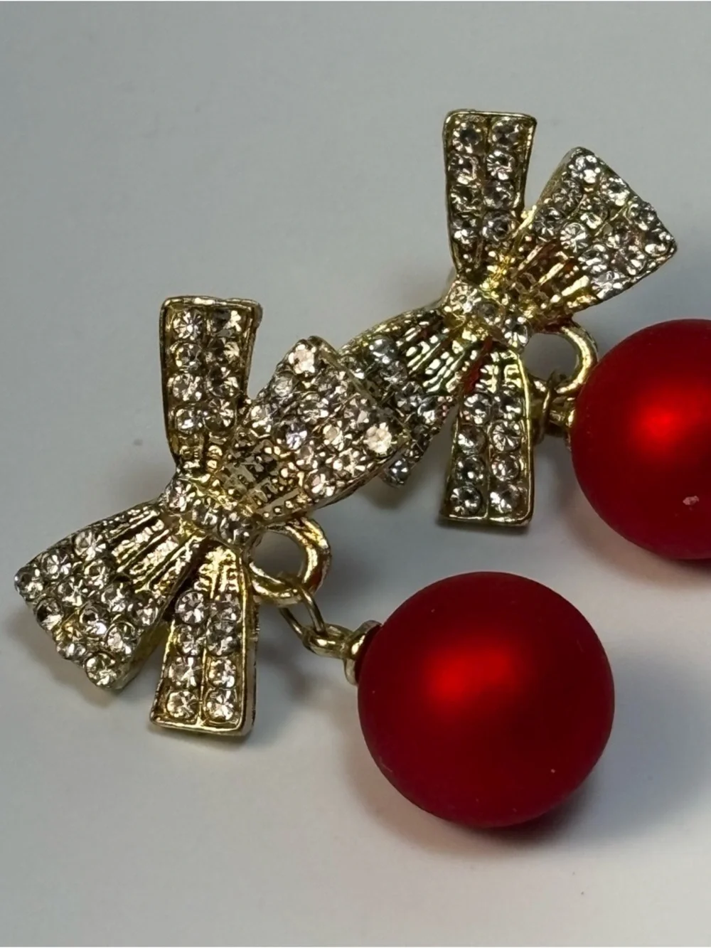 Gold‎ Bow Earrings with Red Pearl Drops